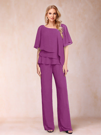 Ensemble Deux PiècesEn Mousseline de Soie à Col En V et Manches Mi-Longues avec Strass