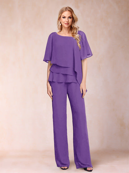 Ensemble Deux PiècesEn Mousseline de Soie à Col En V et Manches Mi-Longues avec Strass