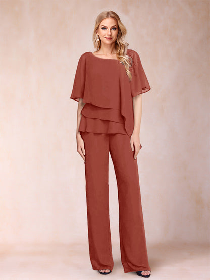 Ensemble Deux PiècesEn Mousseline de Soie à Col En V et Manches Mi-Longues avec Strass