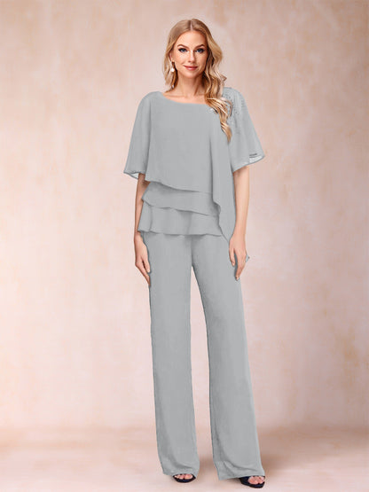 Ensemble Deux PiècesEn Mousseline de Soie à Col En V et Manches Mi-Longues avec Strass