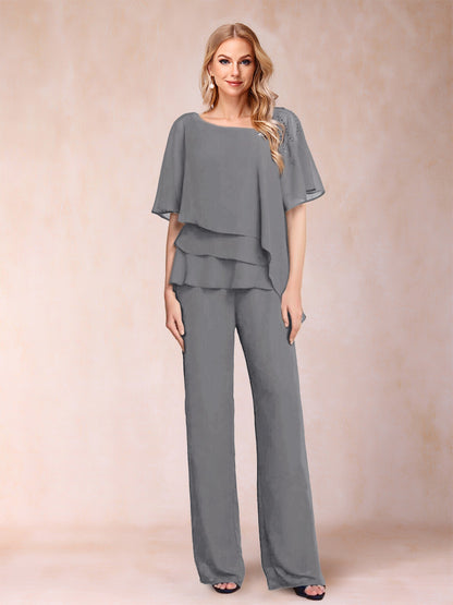 Ensemble Deux PiècesEn Mousseline de Soie à Col En V et Manches Mi-Longues avec Strass
