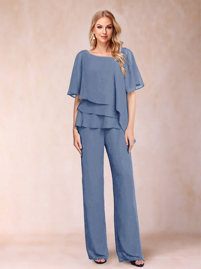 Ensemble Deux PiècesEn Mousseline de Soie à Col En V et Manches Mi-Longues avec Strass