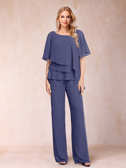 Ensemble Deux PiècesEn Mousseline de Soie à Col En V et Manches Mi-Longues avec Strass