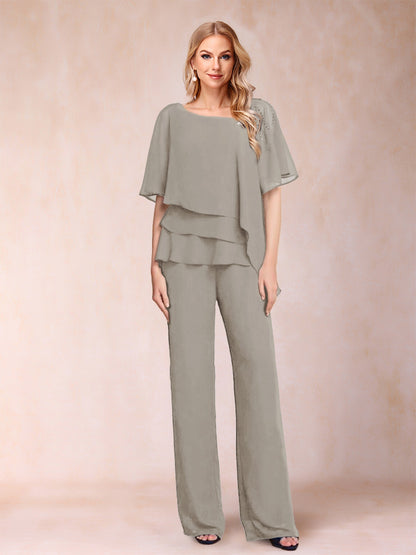 Ensemble Deux PiècesEn Mousseline de Soie à Col En V et Manches Mi-Longues avec Strass