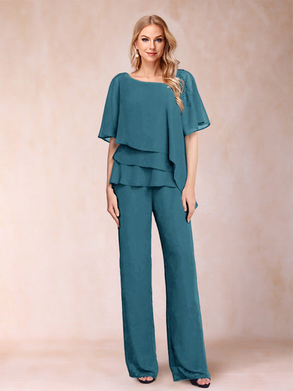 Ensemble Deux PiècesEn Mousseline de Soie à Col En V et Manches Mi-Longues avec Strass