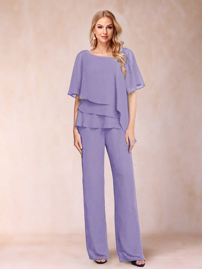 Ensemble Deux PiècesEn Mousseline de Soie à Col En V et Manches Mi-Longues avec Strass