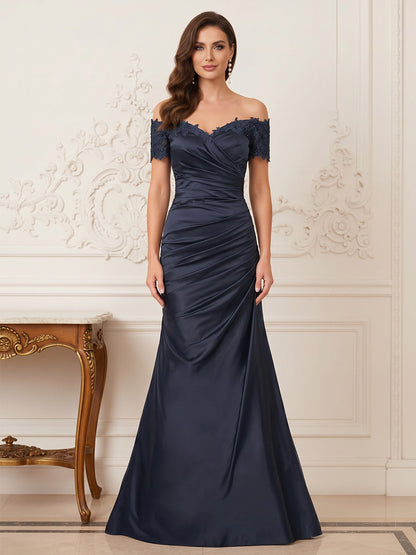 Robe Mère de la Mariée Trompette/Sirène Hors de l'épaule Manches Courtes à Traîne Balayage avec Appliques
