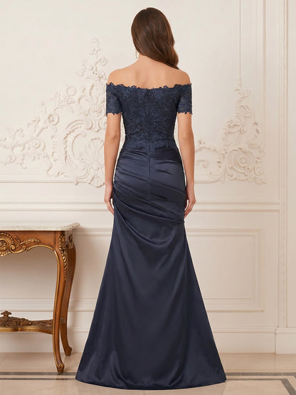 Robe Mère de la Mariée Trompette/Sirène Hors de l'épaule Manches Courtes à Traîne Balayage avec Appliques
