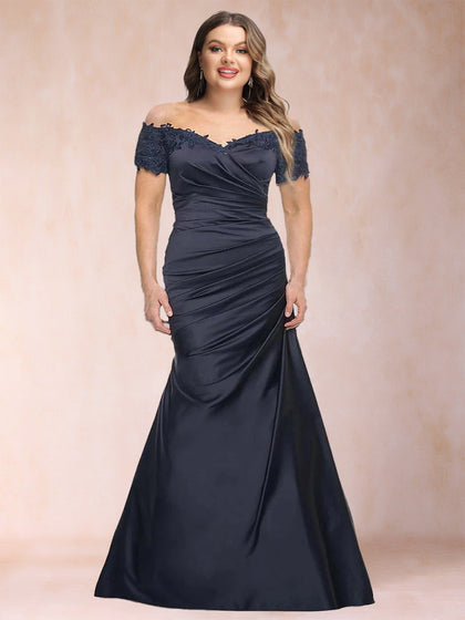 Robe Mère de la Mariée Grande Taille, Style Trompette/Sirène, Épaules Dénudées, Manches Courtes avec Appliques