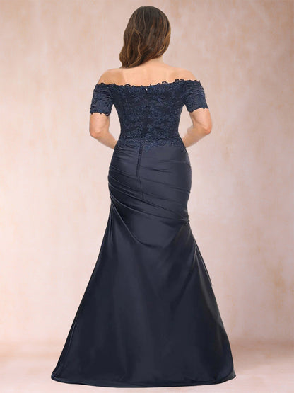 Robe Mère de la Mariée Grande Taille, Style Trompette/Sirène, Épaules Dénudées, Manches Courtes avec Appliques