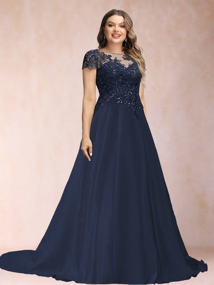 Robe de Mère de la Mariée Grande Taille, Coupe A-Line/Princesse, Manches Courtes, Décolleté Plongeant avec Appliques