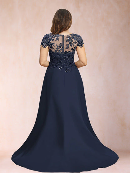 Robe de Mère de la Mariée Grande Taille, Coupe A-Line/Princesse, Manches Courtes, Décolleté Plongeant avec Appliques