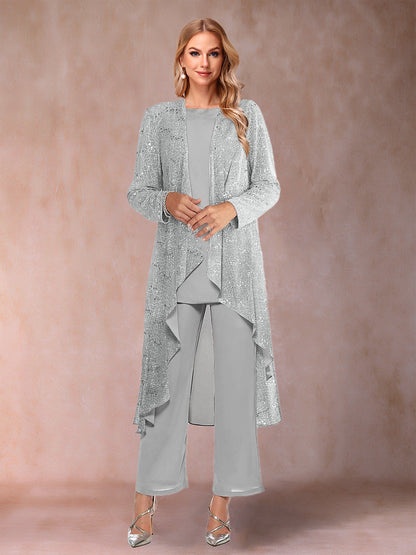 Ensemble 3 Pièces En Mousseline de Soie à Manches Longues avec Paillettes et Veste