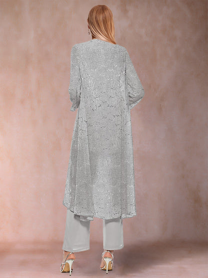 Ensemble 3 Pièces En Mousseline de Soie à Manches Longues avec Paillettes et Veste