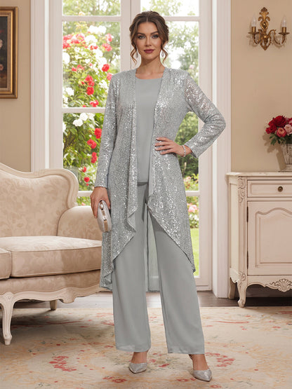 Tailleur-Pantalon 3 Pièces en Mousseline Col Rond Manches Longues Longueur Sol avec Paillettes & Veste