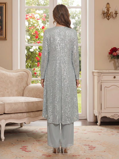 Tailleur-Pantalon 3 Pièces en Mousseline Col Rond Manches Longues Longueur Sol avec Paillettes & Veste