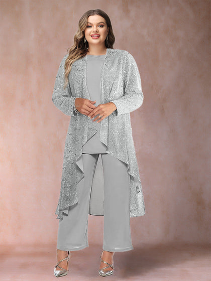 Ensemble 3 Pièces en Mousseline de Soie, Manches Longues, Pantalon Grande Taille avec Paillettes et Veste