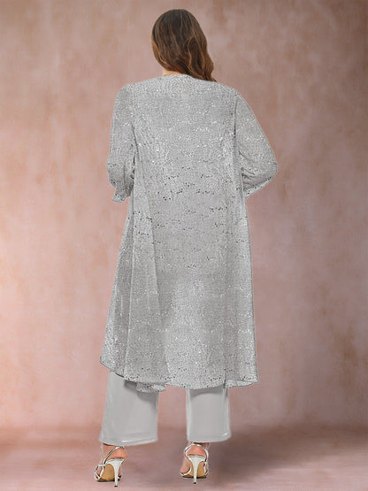 Ensemble 3 Pièces en Mousseline de Soie, Manches Longues, Pantalon Grande Taille avec Paillettes et Veste