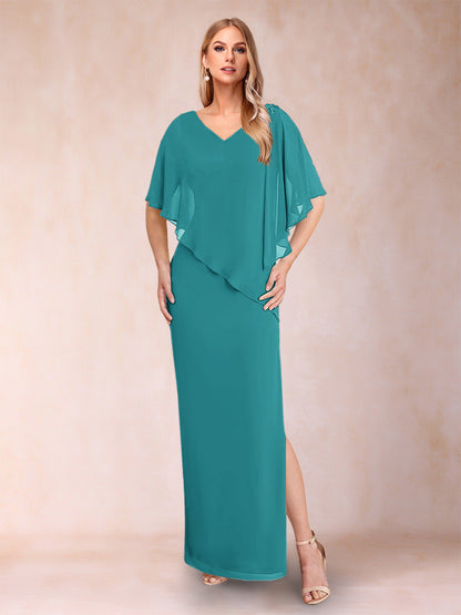 Robe de Mère de la Mariée Fourreau/Colonne En Mousseline de Soie à Col En V et Demi-Manches avec Fente Sur Le Côté