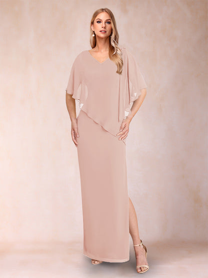 Robe de Mère de la Mariée Fourreau/Colonne En Mousseline de Soie à Col En V et Demi-Manches avec Fente Sur Le Côté