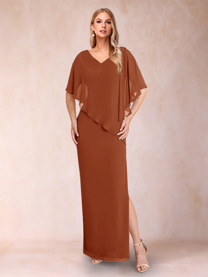 Robe de Mère de la Mariée Fourreau/Colonne En Mousseline de Soie à Col En V et Demi-Manches avec Fente Sur Le Côté