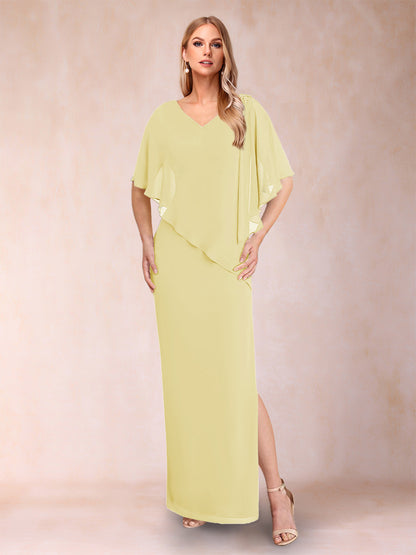 Robe de Mère de la Mariée Fourreau/Colonne En Mousseline de Soie à Col En V et Demi-Manches avec Fente Sur Le Côté