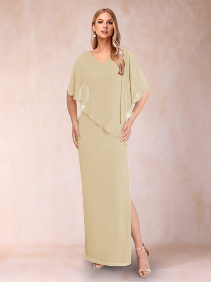 Robe de Mère de la Mariée Fourreau/Colonne En Mousseline de Soie à Col En V et Demi-Manches avec Fente Sur Le Côté