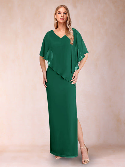 Robe de Mère de la Mariée Fourreau/Colonne En Mousseline de Soie à Col En V et Demi-Manches avec Fente Sur Le Côté