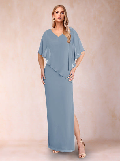 Robe de Mère de la Mariée Fourreau/Colonne En Mousseline de Soie à Col En V et Demi-Manches avec Fente Sur Le Côté