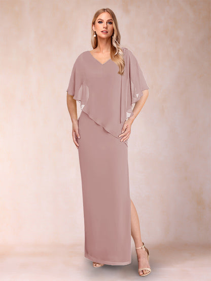Robe de Mère de la Mariée Fourreau/Colonne En Mousseline de Soie à Col En V et Demi-Manches avec Fente Sur Le Côté