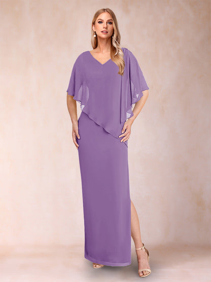 Robe de Mère de la Mariée Fourreau/Colonne En Mousseline de Soie à Col En V et Demi-Manches avec Fente Sur Le Côté