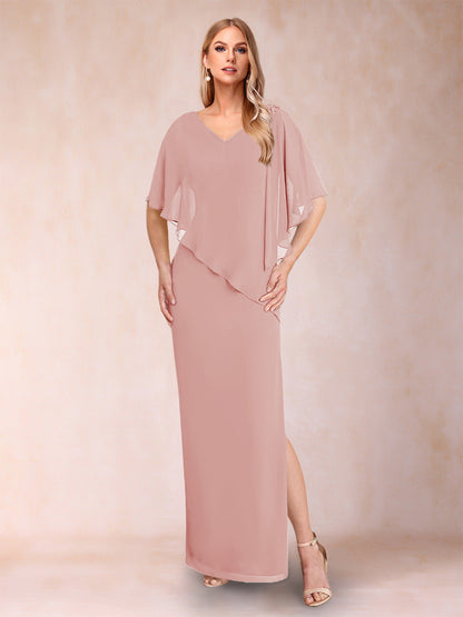 Robe de Mère de la Mariée Fourreau/Colonne En Mousseline de Soie à Col En V et Demi-Manches avec Fente Sur Le Côté