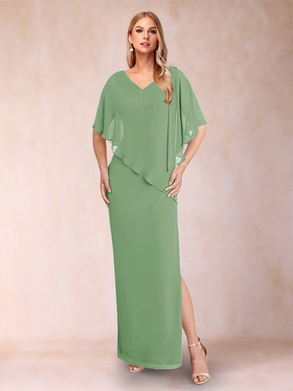 Robe de Mère de la Mariée Fourreau/Colonne En Mousseline de Soie à Col En V et Demi-Manches avec Fente Sur Le Côté