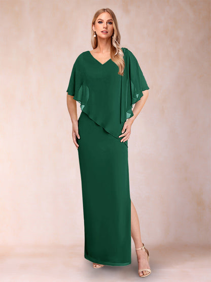 Robe de Mère de la Mariée Fourreau/Colonne En Mousseline de Soie à Col En V et Demi-Manches avec Fente Sur Le Côté