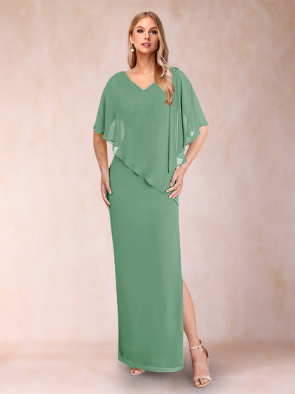 Robe de Mère de la Mariée Fourreau/Colonne En Mousseline de Soie à Col En V et Demi-Manches avec Fente Sur Le Côté