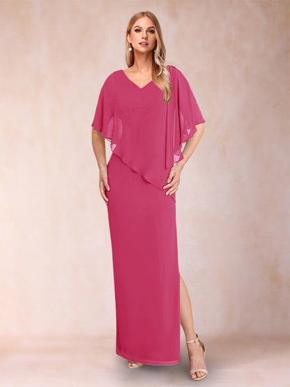 Robe de Mère de la Mariée Fourreau/Colonne En Mousseline de Soie à Col En V et Demi-Manches avec Fente Sur Le Côté