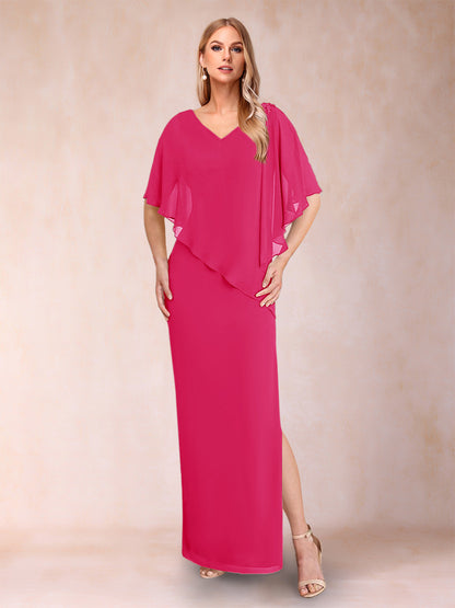 Robe de Mère de la Mariée Fourreau/Colonne En Mousseline de Soie à Col En V et Demi-Manches avec Fente Sur Le Côté