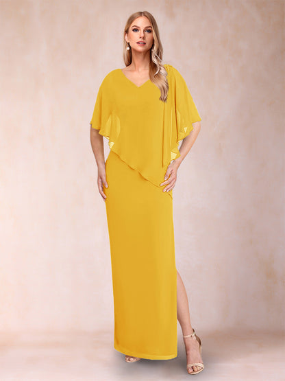 Robe de Mère de la Mariée Fourreau/Colonne En Mousseline de Soie à Col En V et Demi-Manches avec Fente Sur Le Côté