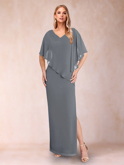 Robe de Mère de la Mariée Fourreau/Colonne En Mousseline de Soie à Col En V et Demi-Manches avec Fente Sur Le Côté