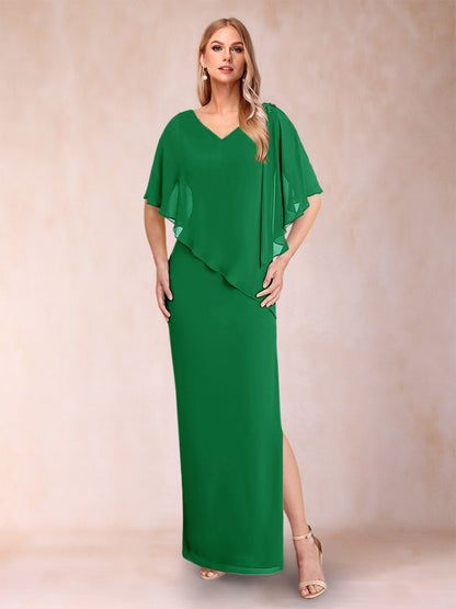 Robe de Mère de la Mariée Fourreau/Colonne En Mousseline de Soie à Col En V et Demi-Manches avec Fente Sur Le Côté