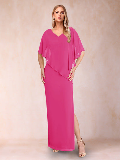 Robe de Mère de la Mariée Fourreau/Colonne En Mousseline de Soie à Col En V et Demi-Manches avec Fente Sur Le Côté