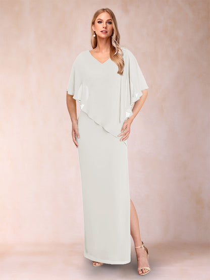 Robe de Mère de la Mariée Fourreau/Colonne En Mousseline de Soie à Col En V et Demi-Manches avec Fente Sur Le Côté