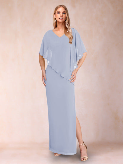 Robe de Mère de la Mariée Fourreau/Colonne En Mousseline de Soie à Col En V et Demi-Manches avec Fente Sur Le Côté