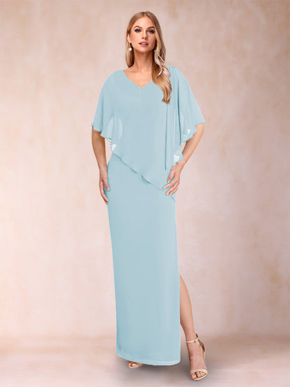 Robe de Mère de la Mariée Fourreau/Colonne En Mousseline de Soie à Col En V et Demi-Manches avec Fente Sur Le Côté