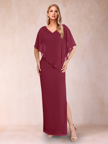 Robe de Mère de la Mariée Fourreau/Colonne En Mousseline de Soie à Col En V et Demi-Manches avec Fente Sur Le Côté