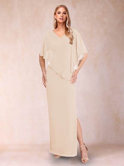 Robe de Mère de la Mariée Fourreau/Colonne En Mousseline de Soie à Col En V et Demi-Manches avec Fente Sur Le Côté