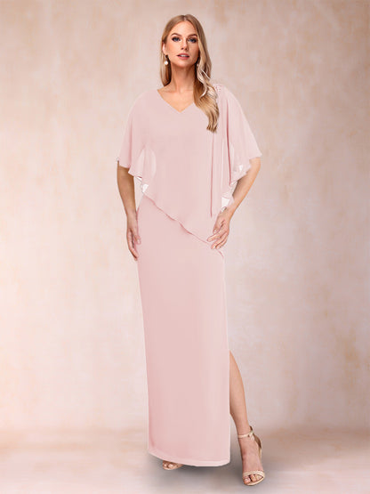 Robe de Mère de la Mariée Fourreau/Colonne En Mousseline de Soie à Col En V et Demi-Manches avec Fente Sur Le Côté
