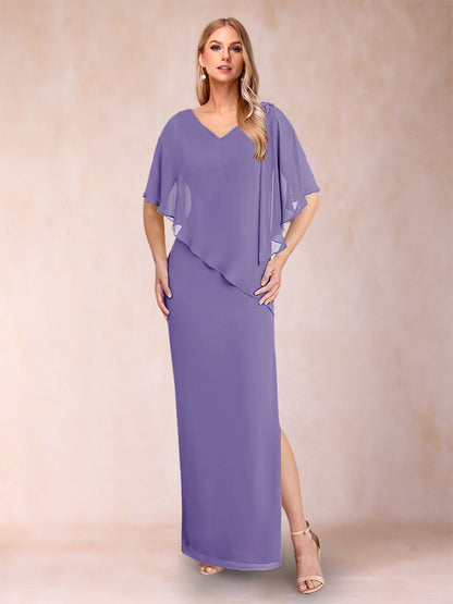 Robe de Mère de la Mariée Fourreau/Colonne En Mousseline de Soie à Col En V et Demi-Manches avec Fente Sur Le Côté
