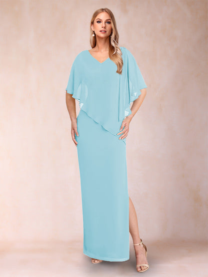Robe de Mère de la Mariée Fourreau/Colonne En Mousseline de Soie à Col En V et Demi-Manches avec Fente Sur Le Côté