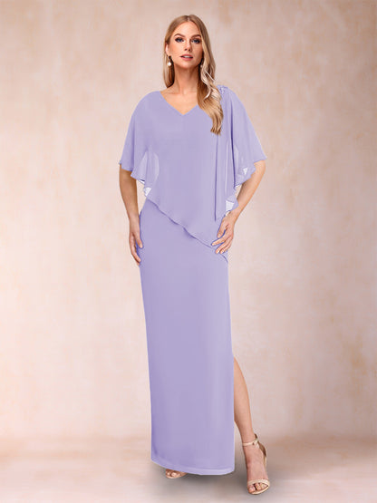 Robe de Mère de la Mariée Fourreau/Colonne En Mousseline de Soie à Col En V et Demi-Manches avec Fente Sur Le Côté